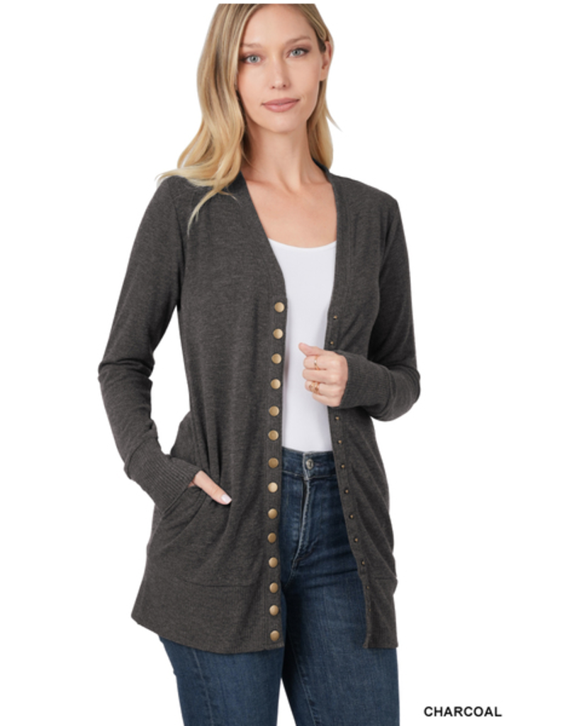 Snap Cardigan Full Sleeve With Pockets - Charcoal