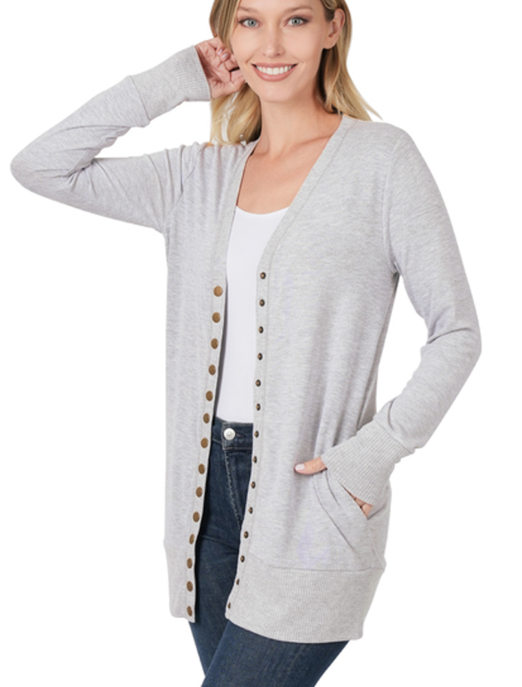 Snap Cardigan Full Sleeve With Pockets - H. Grey