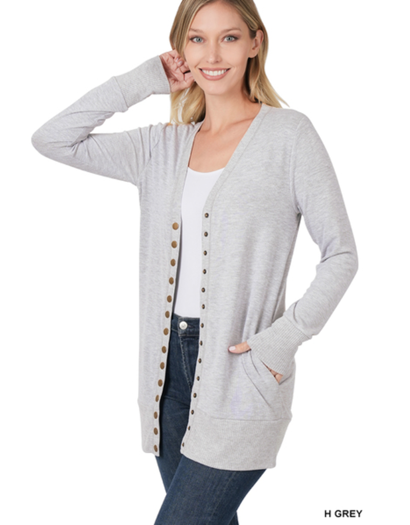 Snap Cardigan Full Sleeve With Pockets - H. Grey