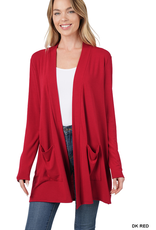 Slouchy Pocket Open Cardigan - Dark Red