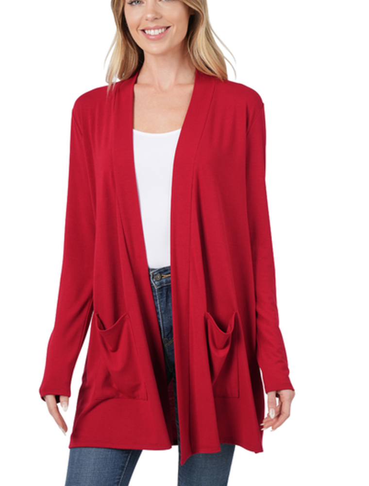 Slouchy Pocket Open Cardigan - Dark Red