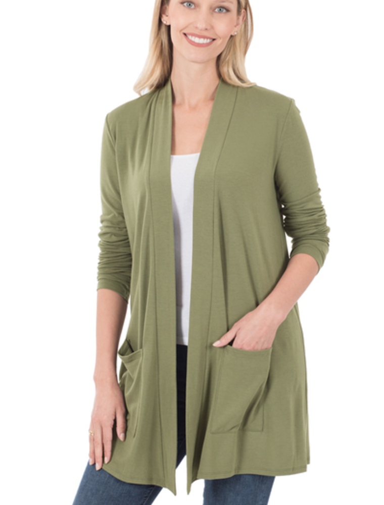 Slouchy Pocket Open Cardigan - Light Olive