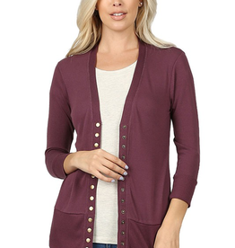 Snap Cardigan 3/4 Sleeve - Eggplant