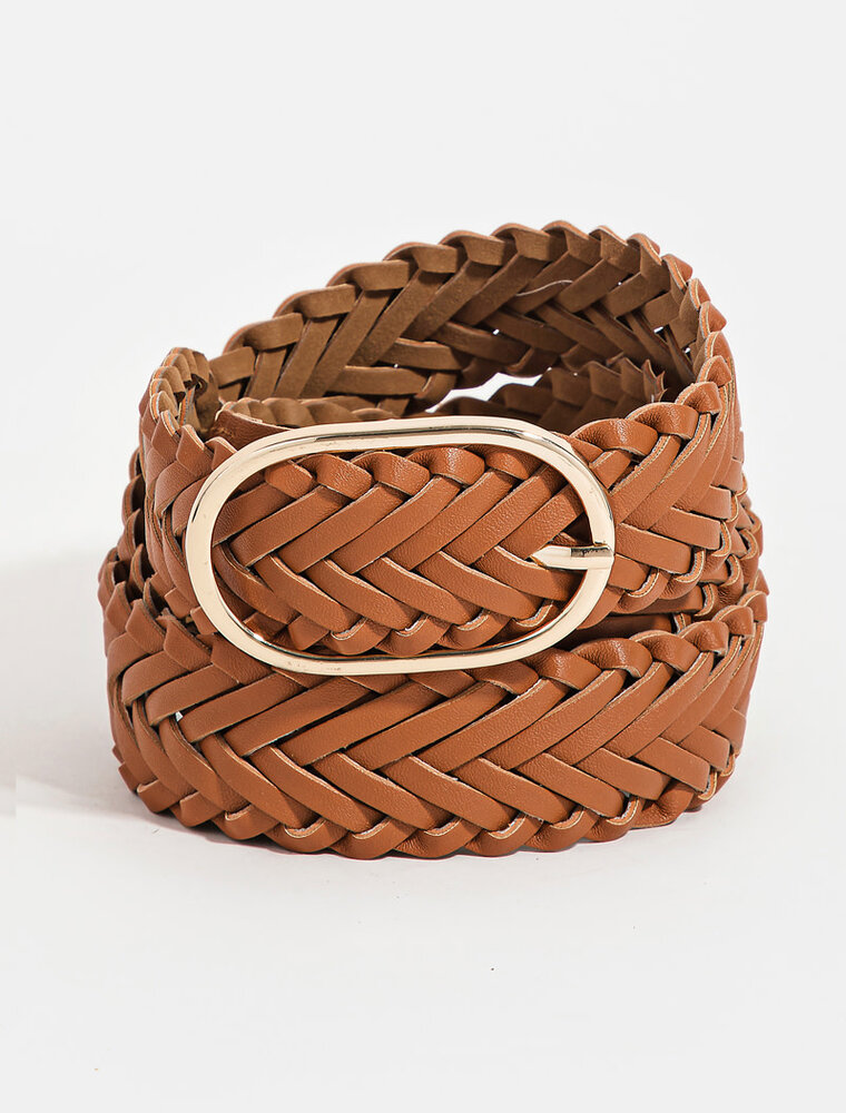 Braided Faux Leather Oval Buckle Belt