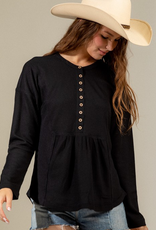 Casual Comfy Waffle Knit Top - Black