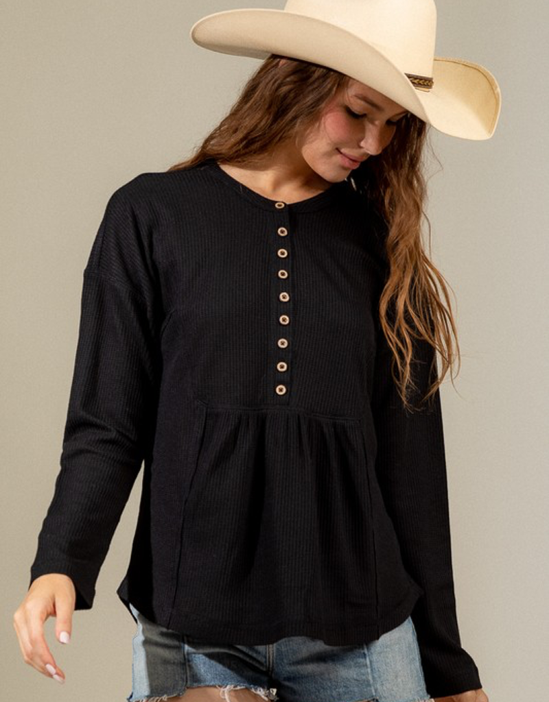 Casual Comfy Waffle Knit Top - Black
