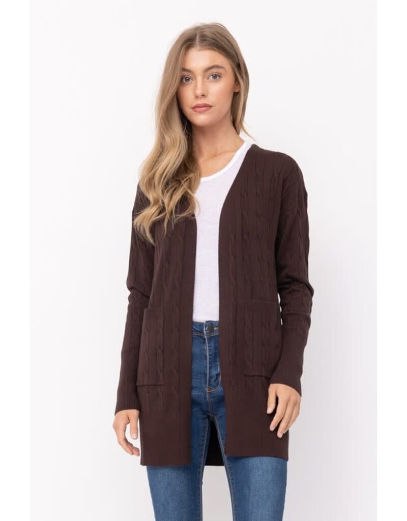 Cable Knit Open Front Cardigan - Brown