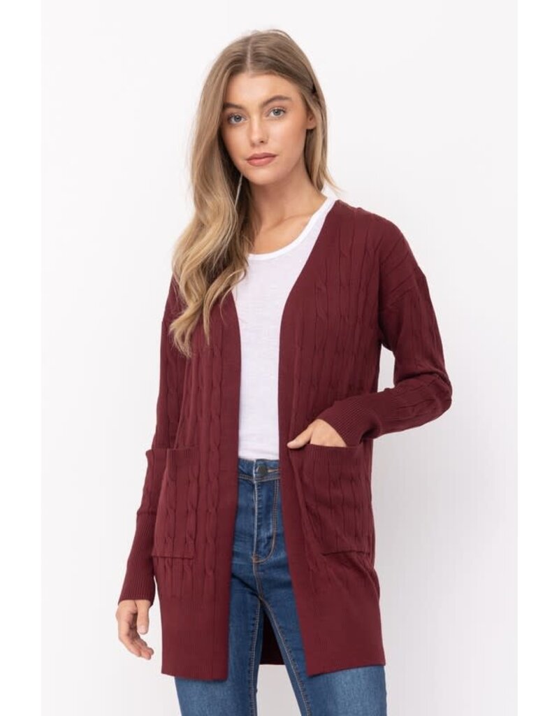 Cable Knit Open Front Cardigan - Burgundy