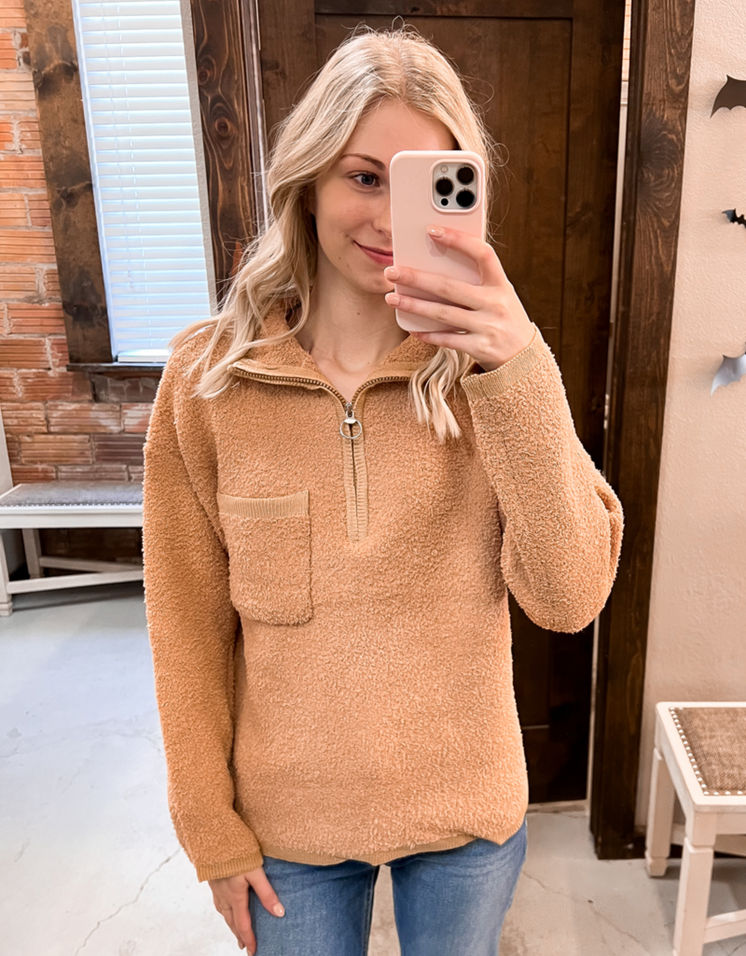 Fuzzy Fourth Zip Sweater - Beige 