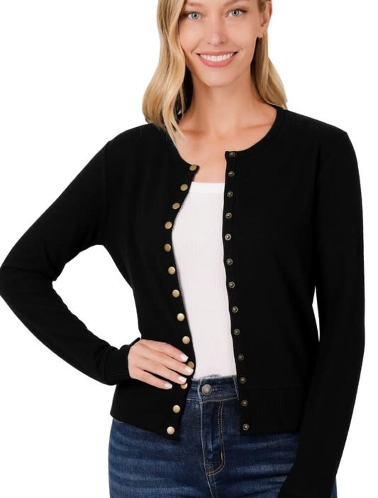 Crew Neck Snap Cardigan Full Sleeve - Black