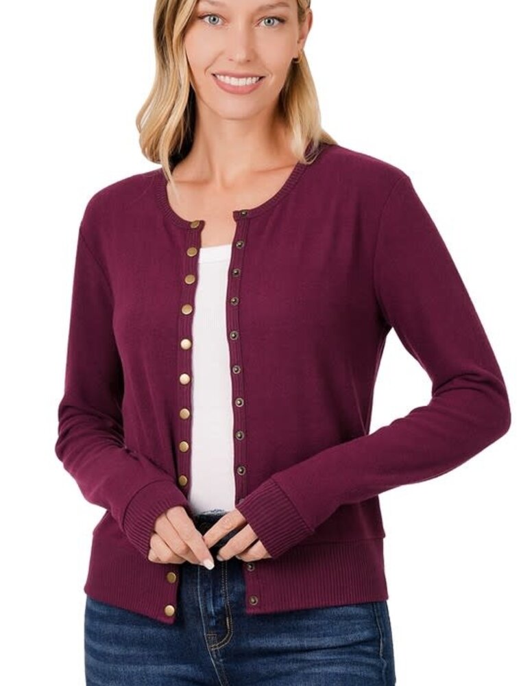 Crew Neck Snap Cardigan Full Sleeve - Dark Burgundy