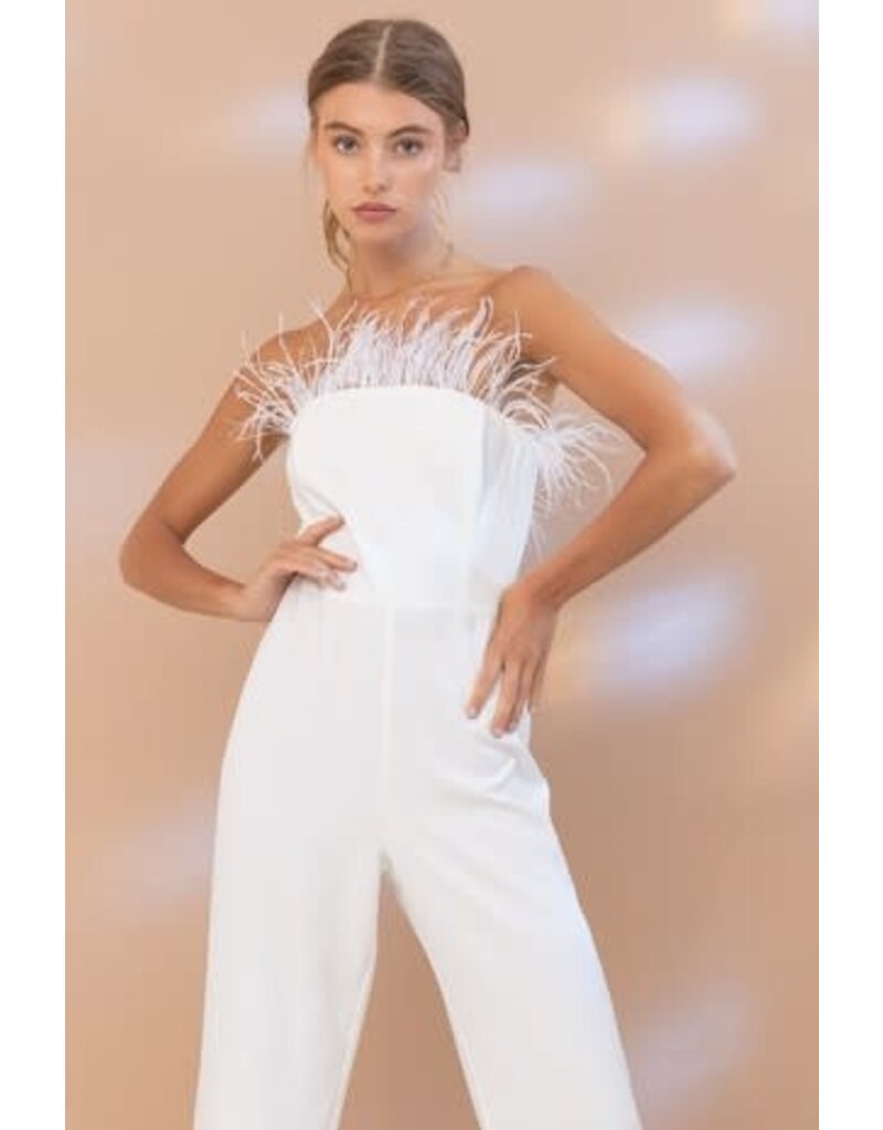 Tube Front Feather Jumpsuit - White