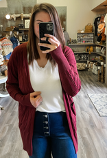 Cable Knit Open Front Cardigan - Burgundy
