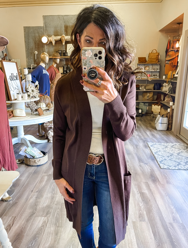Long Open Front Cardigan - Brown