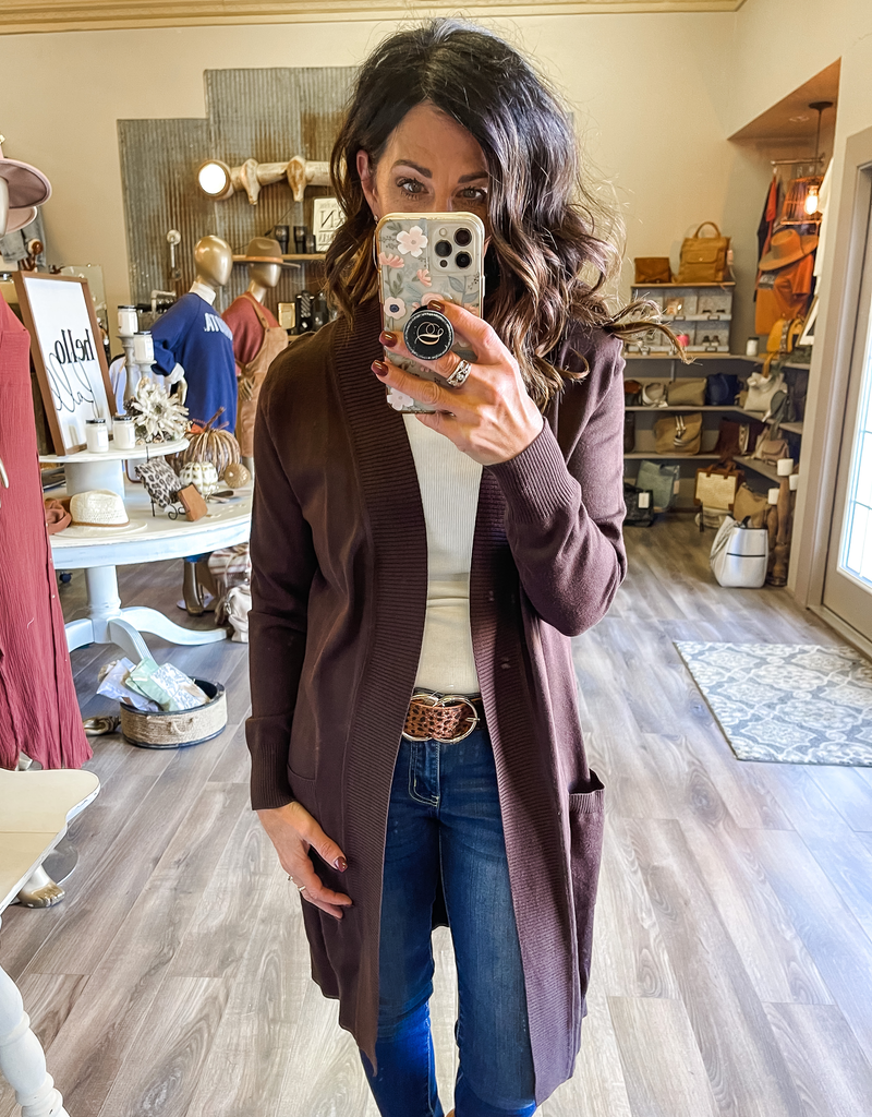 Long Open Front Cardigan - Brown