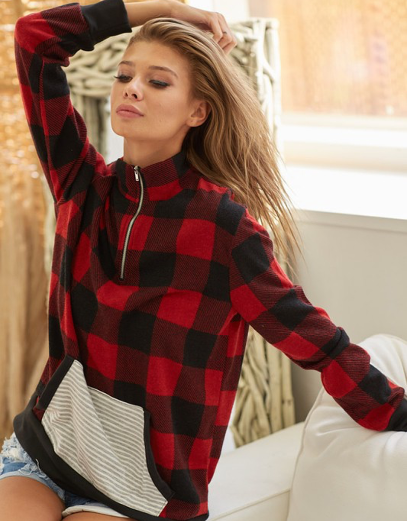 Check Plaid Zip Up Top - Red