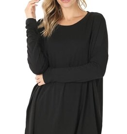 Dolman Sleeve Side Slit Hi-Low Hem Top - Black