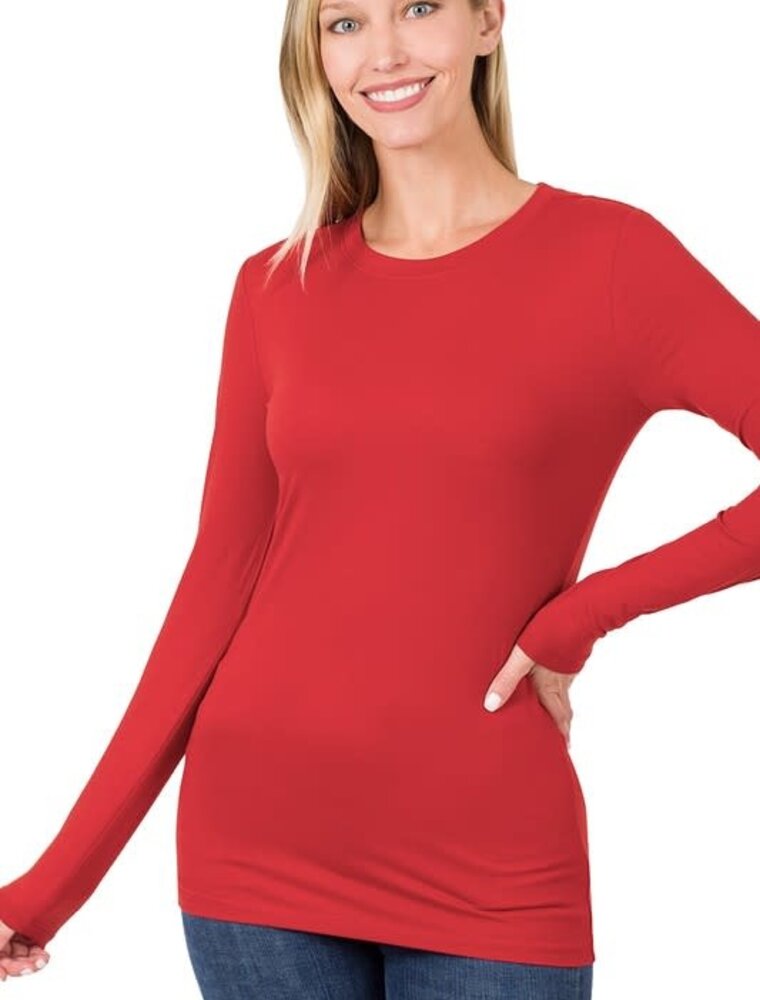 Microfiber Long Sleeve Round Neck Tee - Dark Red