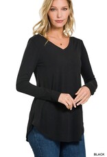 Long Sleeve V Neck & Round Hem Top - Black