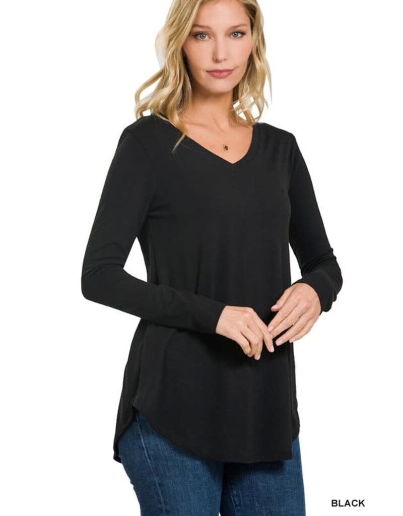 Long Sleeve V Neck & Round Hem Top - Black