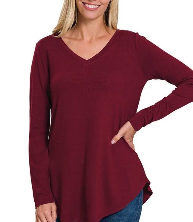 Long Sleeve V Neck & Round Hem Top - Dark Burgundy