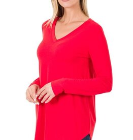 Long Sleeve V Neck & Round Hem Top - Ruby