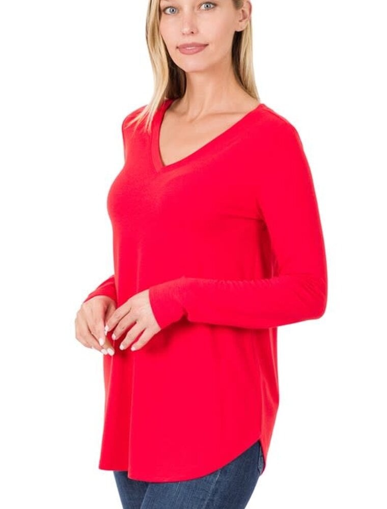 Long Sleeve V Neck & Round Hem Top - Ruby