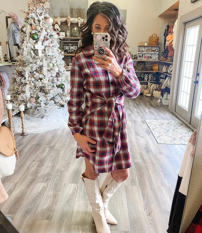 Plaid Button Knot Puff Sleeve Dress - Red - Boutique 23