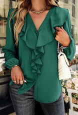 Solid Ruffle V Neck Loose Fit Top - Green