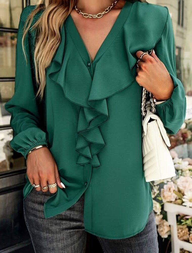 Solid Ruffle V Neck Loose Fit Top - Green