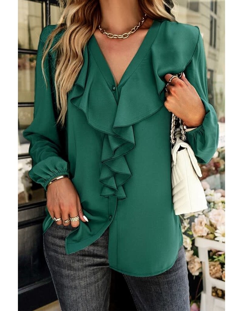 Solid Ruffle V Neck Loose Fit Top - Green