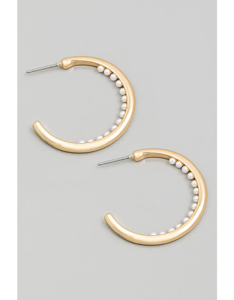 Pearl Beaded Metal Hoop Earrings