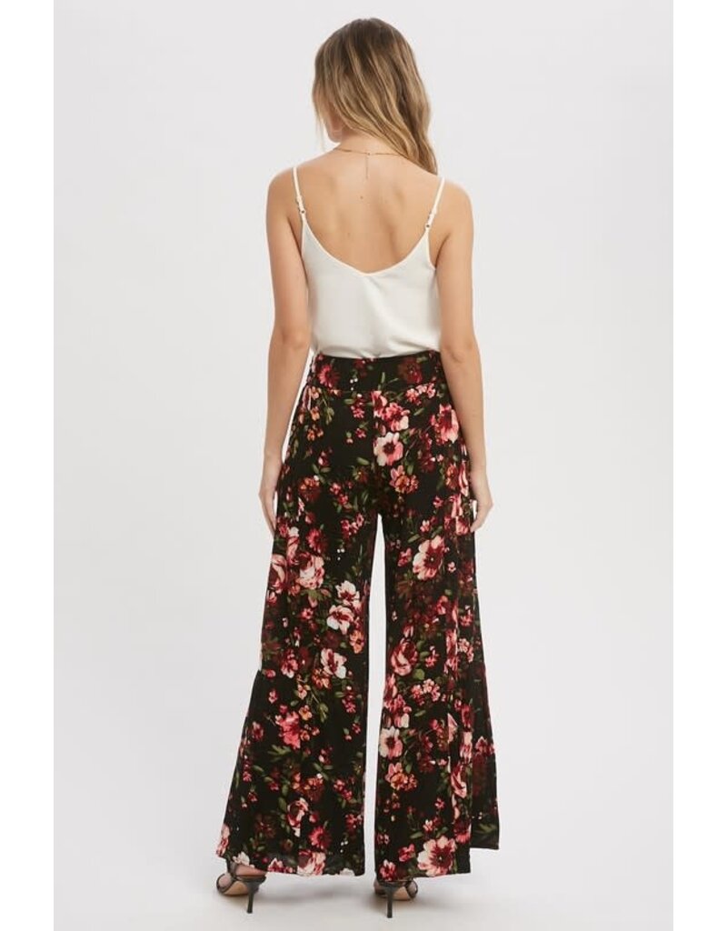 Boho Floral Print Wide Leg Pants - Black