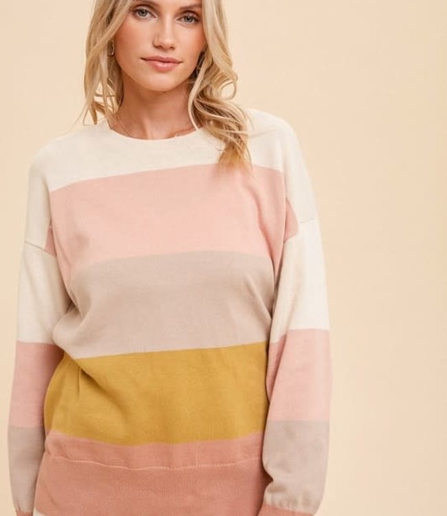 Color Block Crewneck Pullover Sweater - Taupe/Pink