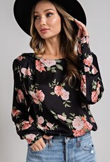 Floral Round Neck Printed Bodysuit - Black