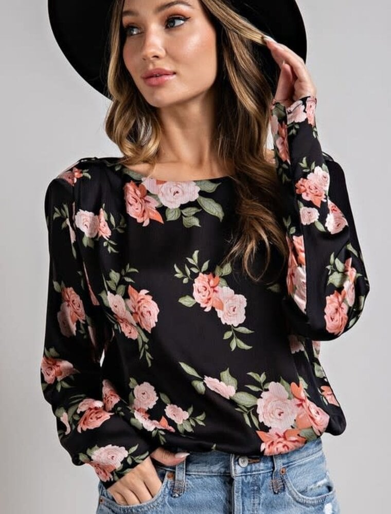 Floral Round Neck Printed Bodysuit - Black