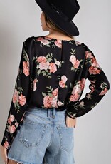 Floral Round Neck Printed Bodysuit - Black