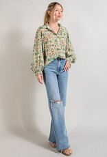 Printed Balloon Sleeve Blouse - Green