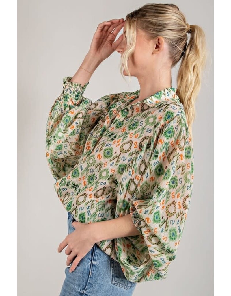 Printed Balloon Sleeve Blouse - Green