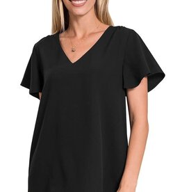 Woven Flutter Sleeve V-Neck Top - Black