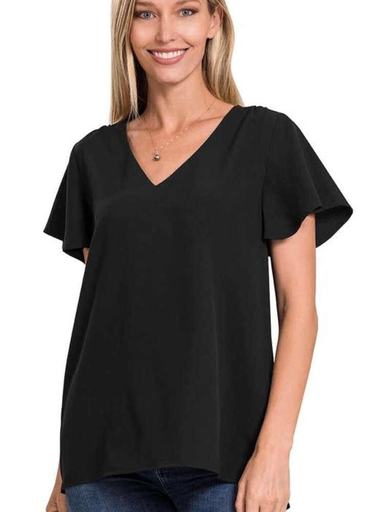 Woven Flutter Sleeve V-Neck Top - Black