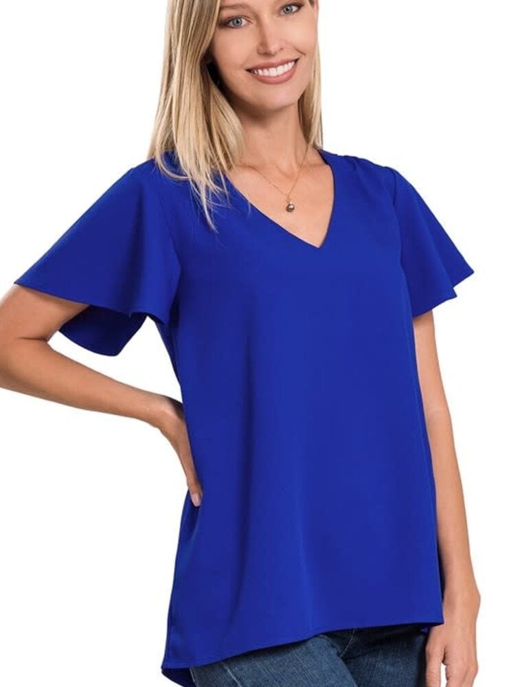 Woven Flutter Sleeve V-Neck Top - Bright Blue