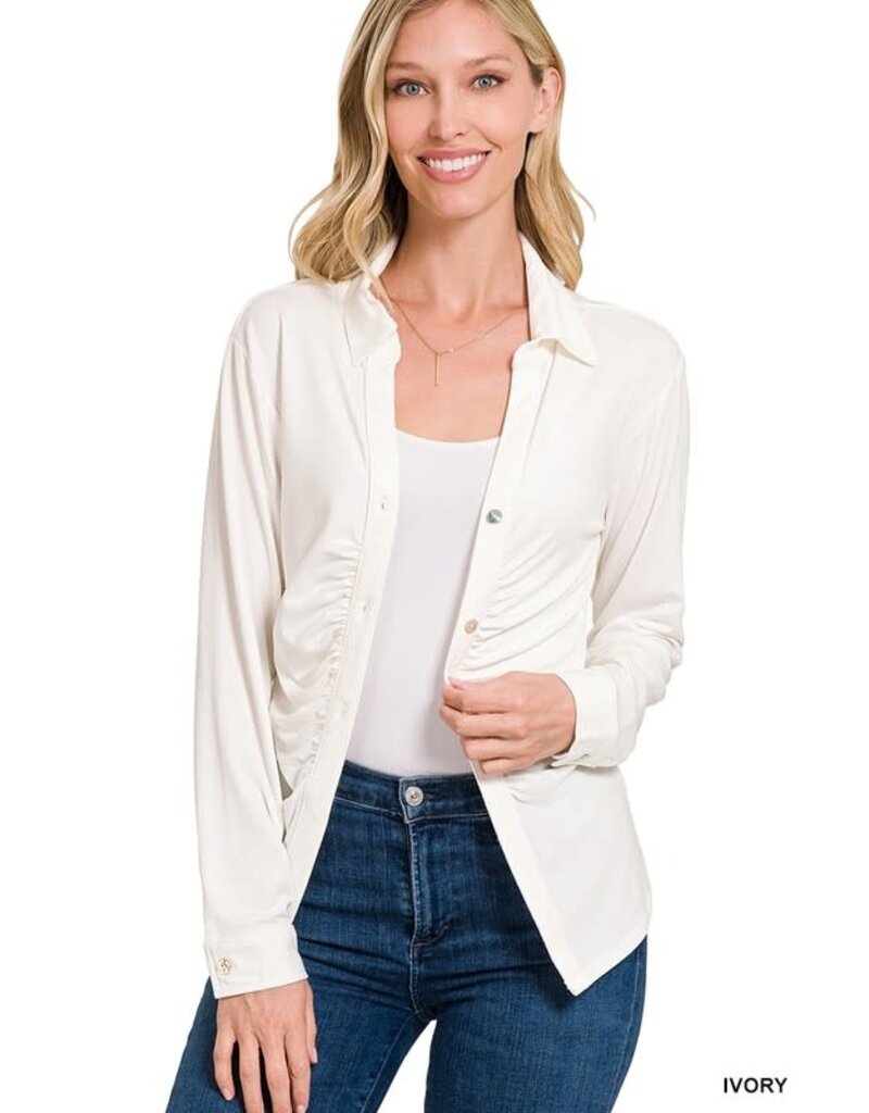 Button Down Shirt With Ruched Detail - White
