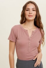 Ribbed Button-Up Knit Top With Cuff Sleeve - Red Bean