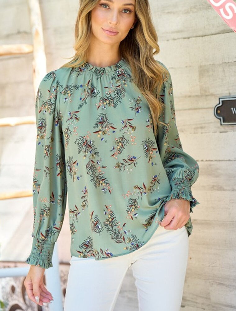 Harper Curvy Floral Long Sleeve Blouse - Sage