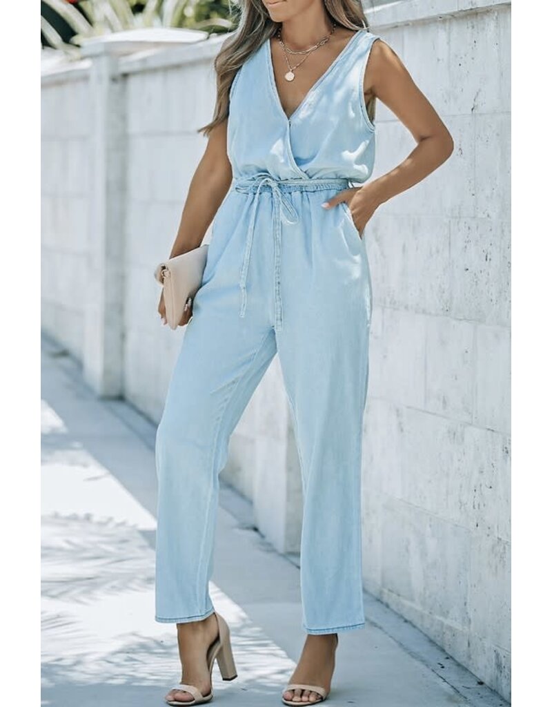 Pocketed Chambray Sleeveless Jumpsuit