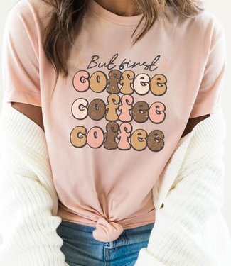 But First Coffee Hearts Detail Graphic Tee - Peach