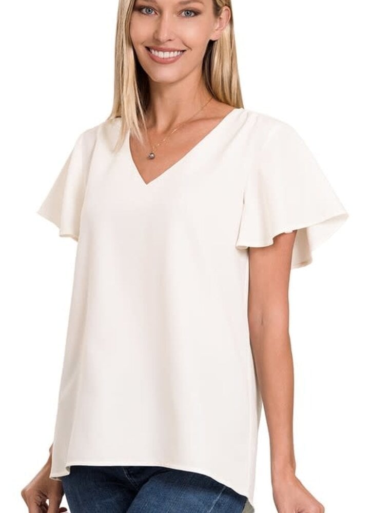 Woven Flutter Sleeve V-Neck Top  - Ivory