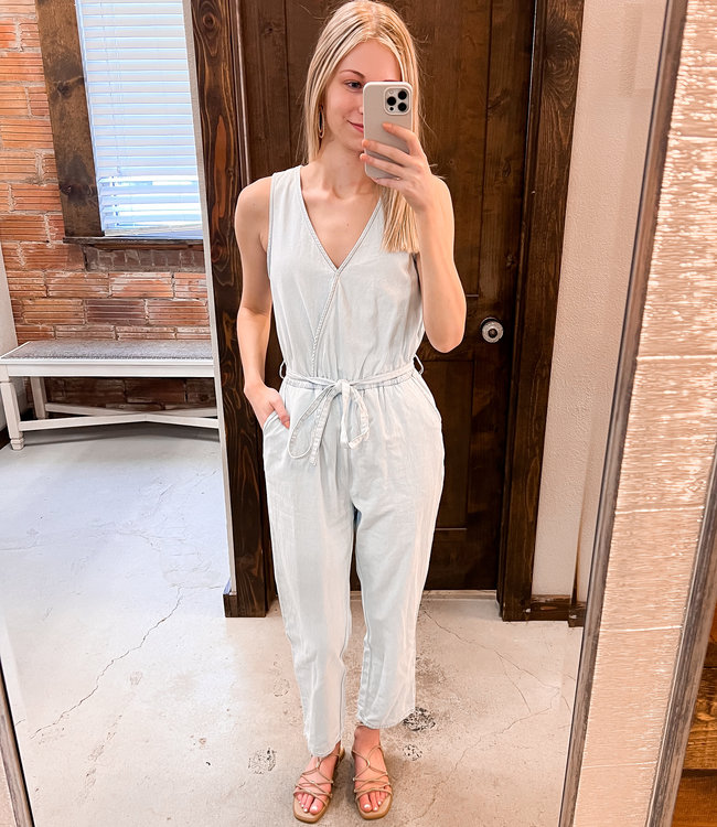 Pocketed Chambray Sleeveless Jumpsuit - Boutique 23