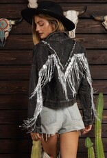 Fringe Embellished Distressed Denim Jacket - Black